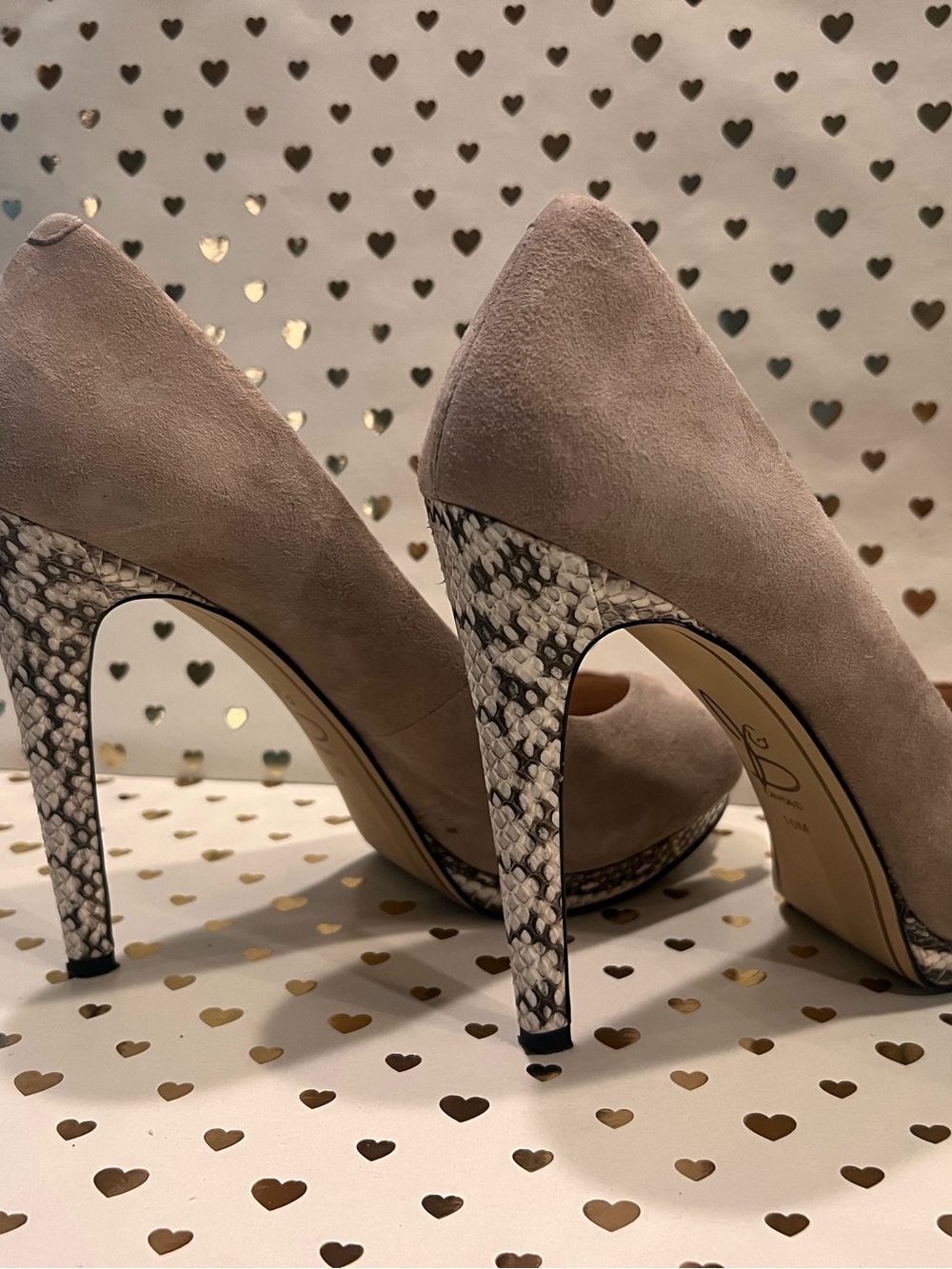 Joan & David Taupe Suede Pumps with Snake-Print Heel